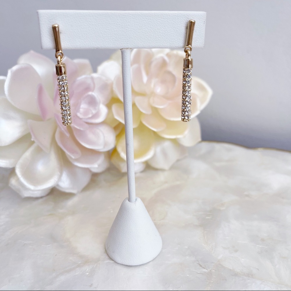 Gold Tone CZ Bar Dangle Elegant Earrings 1 3/4”